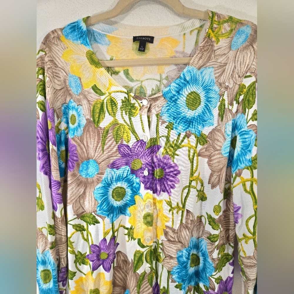 Talbots Vibrant Floral Button Front Cardigan Sweater Fairycore Whimsical, Large - Picture 2 of 6